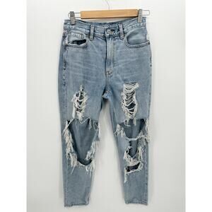 American Eagle Medium Wash Distressed Holey Mom Jeans Women Size 2 100% Cotton